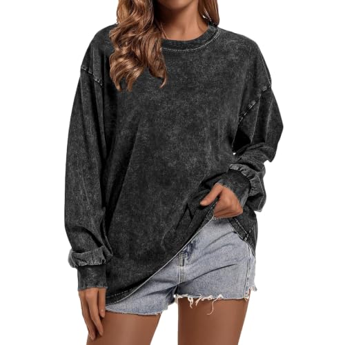 Image of Womens Vintage Acid Wash Oversized Sweatshirt Long Sleeve Crewneck Black