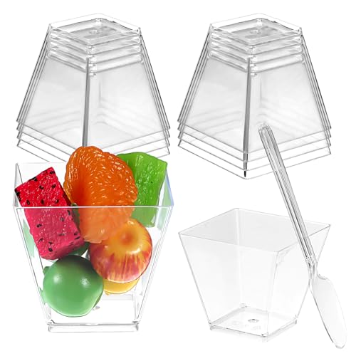 50 Pack 2 oz Square Dessert Cups with Spoons, Clear Dessert Shooter Cup Mini Serving Appetizer Cups for Yogurt, Parfait, Pudding and Jello, Serving Bowls for Tasting Party Samples