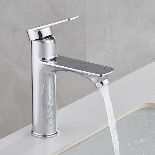 Grifo Monomando Lavabo, Mezclador Monomando Clásico, Latón Macizo, Conector G 3/8, Recubierto Grifo Lavabo Mezclador de Baño para Agua Fría y Caliente, Grifo Baño para Fregadero de un Orificio Cromado