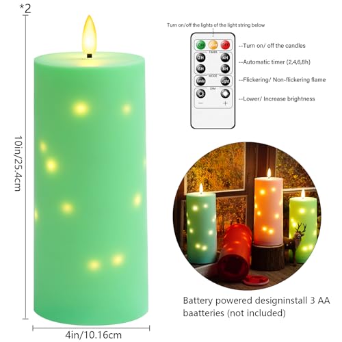 Image of kakoya 10 inch x 4 inch Large Outdoor Waterproof Flickering Flameless Candles with Timer,2Pcs Battery Operated LED Pillar Candles with Embedded Star String for Outdoor Lanterns,Porch,Patio Decor(Green)