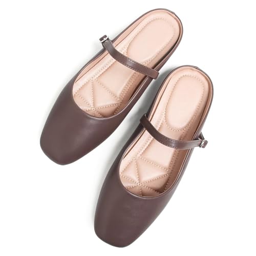 Image of TN TANGNEST Leather Flats for Women Retro Mary Jane Flats | Comfortable Square Toe Slip On Flats with Buckle Strap, Soft Work Flats Office Shoes