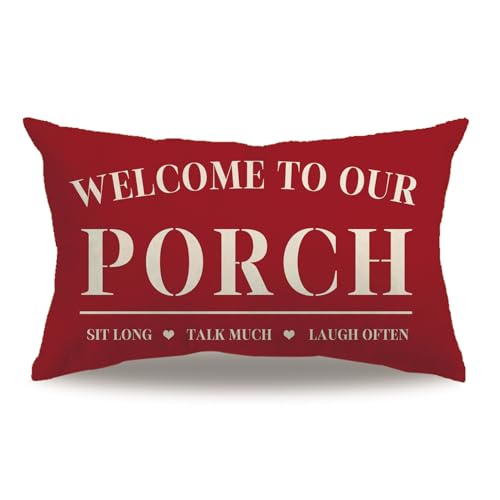 7COLORROOM Farmhouse Porch Pillow Cover Double-Sided Printed Welcome to Our Porch Red Rectangular/Waist Cushion Cover Country Rustic Home Decor Pillowcases 12”×20” for Porch Room Couch Sofa Decor(Red