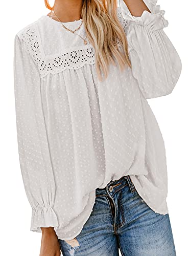 AMKOYAM Women s Long Sleeve Crewneck Lace Crochet Chiffon Tops Casual Flowy Solid Color Swiss Dot Blouses Shirt(White, Medium)