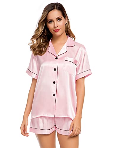 Image of LecGee Womens Silk Satin Pajamas Short Sleeve Loungewear Two-Piece Sleepwear Button-Down Pj Set