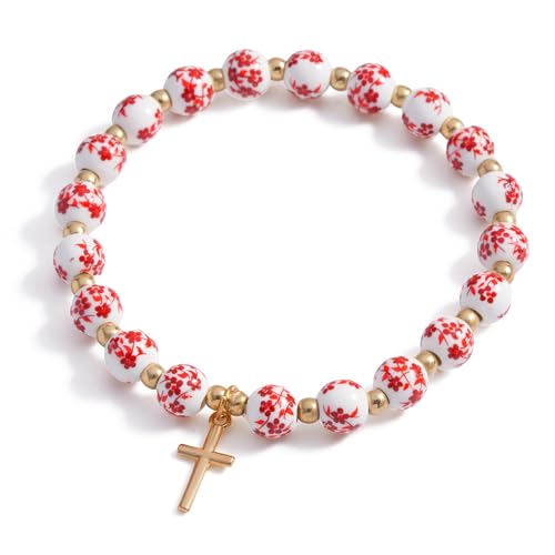 Cross Charm Bracelet for Women,Flower Floral Antique Vintage Bracelet Beaded and Cross Stretch Bracelet Aesthetic Religious Christian First Communion Baptism Confirmation Gifts Jewlery Gifts