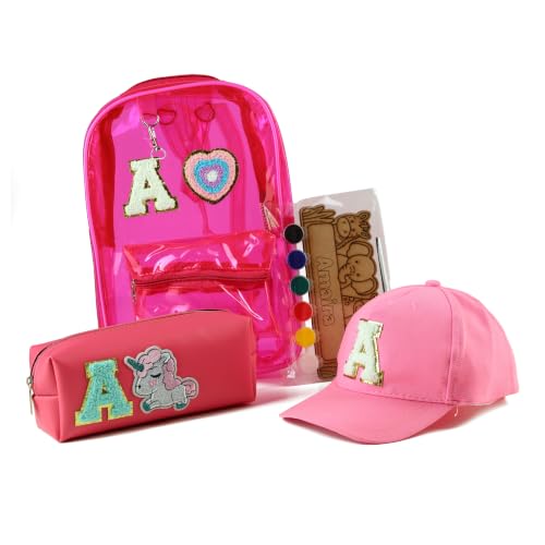 Image of AICA Gifts Personalized Kids Backpack, Pencil Pouch & Cap Combo | Name Embroidered Letters & Patch PVC Bag | Waterproof School Set with DIY Colouring Kit for Boys & Girls 2-10 Years (Pink)