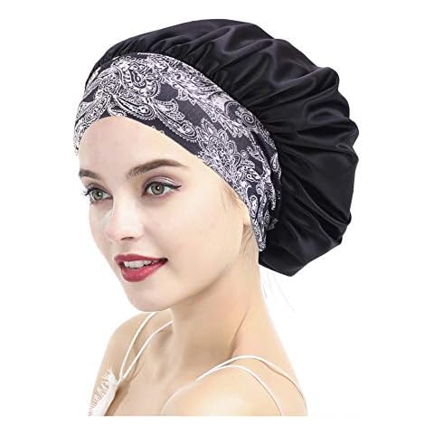 Women Satin Bonnet Cap Night Sleep Hair Head Cover Wide Band Adjust Elastic Hat Ladies Turban Sleeping Hat, Black, One Size Cover