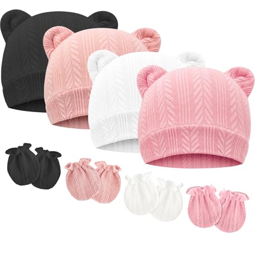 Image of BQUBO Newborn Baby Hats Bear Ears and Mittens Sets Preemie Caps Baby Boy Girl Infant Hospital Beanie for 0-3 Months