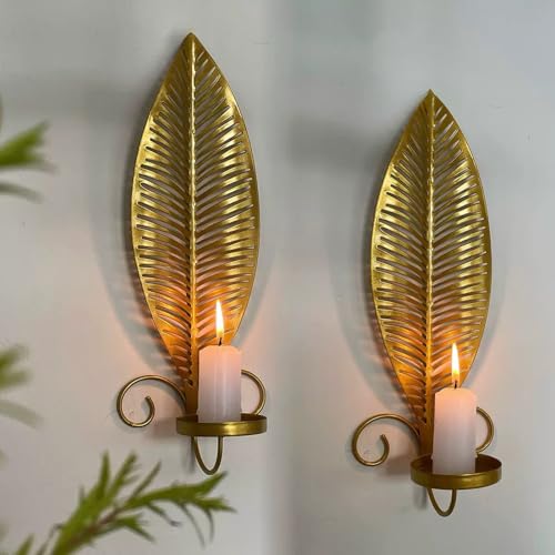 Wall Candle Sconces Set of Two, Vintage Brass Pillar Candle Holders Wall Mounted, 2 Pack Metal Golden Leaf Decor Sconce for Entryway, Stair Corner, Living Room