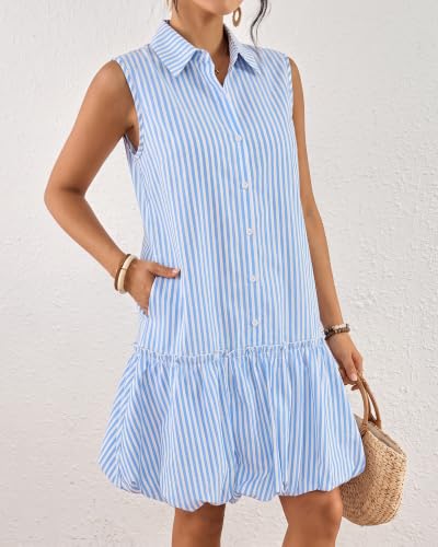 Image of Bsubseach Womens Casual Summer Dresses Sleeveless Linen Bubble Mini Short Dress Button Down Shirt Sundress with Pockets