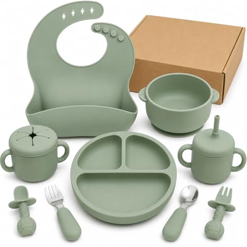 Image of Bufims Silicone Baby Feeding Set, Baby Led Weaning Supplies, Eating Essentials Utensils with Suction Plate and Bowl, Pocket Bib, Sippy Cup with Lid, Forks Spoons Snack Container, for 6+ Months, Green
