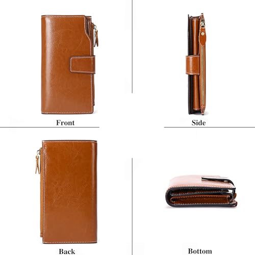 Personalized Engraved Name Wallet,Custom Birth Month Flower Wallet with RFID Blocking Genuine Leather Credit Card Holder Large Capacity for Women(Wax-Brown)4