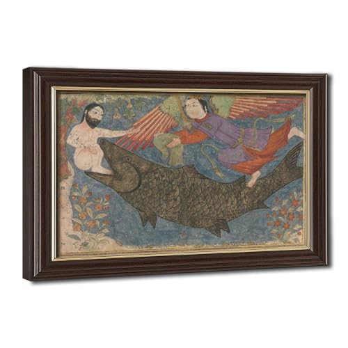Toile Jami Al-tavarikh Jonah et la baleine avec cadre suspendu en bois précieux