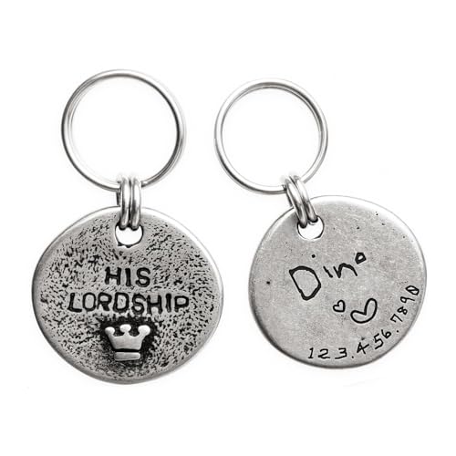 Artistic Handmade Hammered Collar Cat Dog ID Tags with Unique Handcrafted Design and Durable Stainless Steel, Personalized Deep Engraving with Your Own Text (Hislordship)