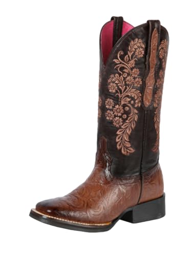 El General Women's Western Boots Genuine Leather Floral Engraving Choco SH14