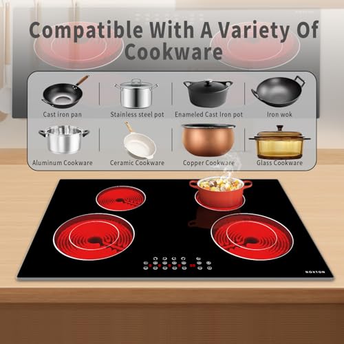 Image of Noxton 30 Inch Electric Cooktop 4 Burners, Built in Electric stove top, Sensor Touch Ceramic Cooktop, Expandable Burners, Pause, Safety Lock, Timer, 7100W 220~240V (No Plug)