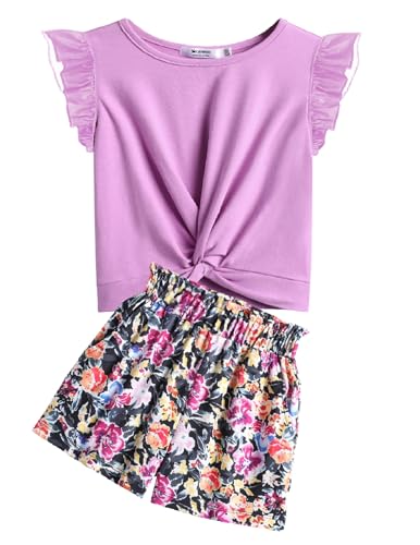 Image of Arshiner Girls Shorts Sets 2 Pieces Outfits Twist Front Ruffle Sleeve T-Shirts and Shorts With Pockets Cute Clothes Sets