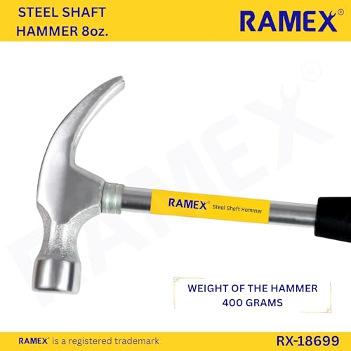 Image of RAMEX Steel Shaft Hammer 8 Oz - Forged Steel Head for Superior Strength & Durability - Carpenter Tools for Wood Work, Home and Professional, 2 in 1 Combination Claw & Flat Head, 400gm (Pack of 1), DIY