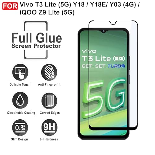Image of CEDO Tempered Glass for Vivo T3 Lite (5G) Y18 / Y18E / Y03 (4G) / iQOO Z9 Lite | Screen Protector Full HD Quality Tempered Glass Anti-Scratch Edge to Edge Coverage with Easy Installation Kit (Black)