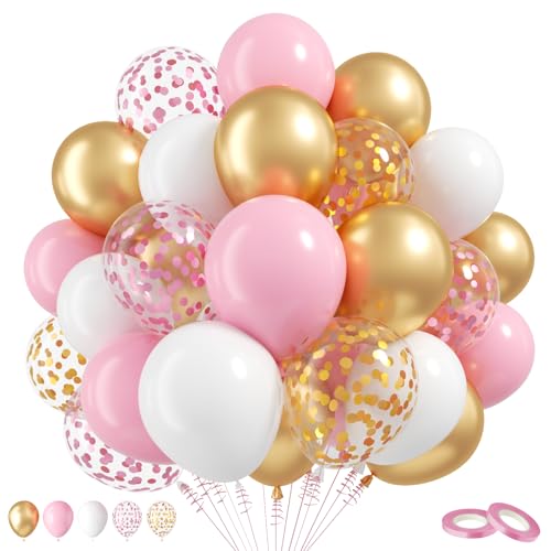 Image of Balloons Pink Gold Confetti, 60 Packs 12 Inch Pink White Metallic Gold Balloon for Girls Birthday Wedding Bridal Baby Shower Princess Party Decorations