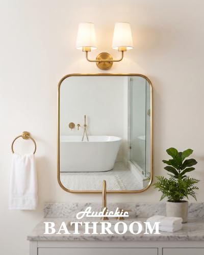 Image of Brushed Gold Bathroom Light Fixtures with White Fabric Shades | 2-light vanity light for bathroom hallway bedroom stairway, modern double wall sconces, AD-25052-2W-GD