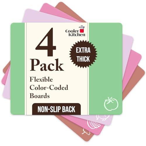 Extra dicke flexible Pastell Kunststoff-Schneidebrett-Matten mit Lebensmittelikonen & EZ-Grip-Waffelrückseite, (Set aus 4) spülmaschinenfest