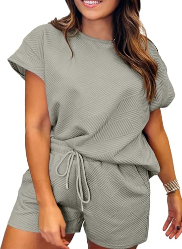 Image of Eytino Women Plus Size 2 Piece Outfits Sweatsuit Short Sleeve Pullover Tops and Drawstring Shorts Pants(1X-5X)