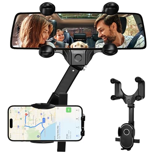 Ulluthu Soporte Movil Retrovisor con Diseño de 4 Garras | 360° Giratorio y Extensible 32cm | Material ABS | Universal para Todos los Coches y Smartphones