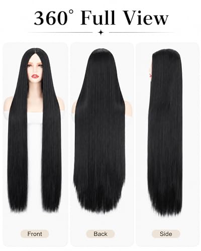 Image of Rose bud Wednesday Morticia Wig Black for Anime Costume Halloween Cosplay Party 40 Inch Long Straight Cosplay Black Wig for Women