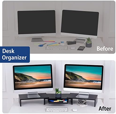 FITUEYES Dual Monitor Stand with Storage Drawer and Phone Holder, Wood Computer Laptop Riser, 3 Shelf Length and Angle Adjustable, Desk Organizer, Max Load 25kg, Black