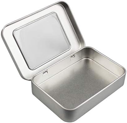 Goodma 8 Pieces Rectangular Metal Empty Hinged Tins Home Storage Containers Organizer Mini Box with Clear Window Lid, 10 x 7 x 2 cm (Silver)