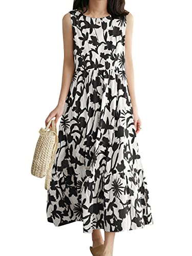 Zanzea Women's Floral Sleeveless Summer Dresses Casual Crew Neck Midi Dress A-Line Pleated Swing Beach Sundress Black-I09460 X-Large #TOP14