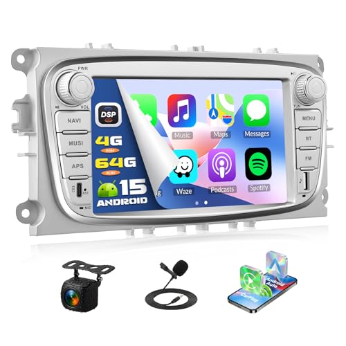 Zomolither 4+64G Android 15 Autoradio avec CarPlay et Android Auto pour Ford Focus II Mondeo S-Max C-Max Galaxy II MK2 Kuga, écran tactile HD 7'' avec...