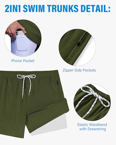 5Inch Mens Swim Trunks: 2 in 1 Compression Liner Quick Dry Stretchy Soft Lined for Beach Pool Sport Dark Green3