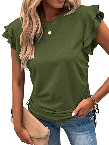 Eadinve Womens T Shirts Summer Ruffle Short Sleeve Pleated Loose Fit Crew Neck Side Tie Drawstring Tunic Casual Tops Green #TOP11