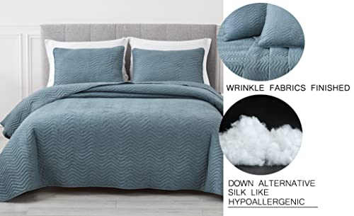 Chezmoi Collection Weaver 3-Piece King Size Quilt Set, Dusty Blue Crushed Soft Microfiber Lightweight Bedspread Zig Zag Chevron Quilted Reversible Coverlet All Season Crinkle Textured Bedding Set #TOP3