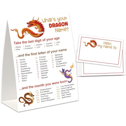 UHADRE What is Your Dragon Name Game (One Sign with 30 Tag Stickers), Dragon Theme Party Game,Dragon Birthday Activity,Dragon Baby Shower Game, Dragon Party Decorations -WYN05