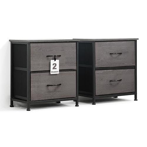 CAPHAUS Set of 2 Drawer Storage Tower w/ 2 Fabric Bins, Nightstand w/ 2 Drawers, Sorting Unit, Chest of Drawers, Organizer w/ P2 Board Top & Fabric Bins, Organizer Unit for Multi-purpose, Grey Oak