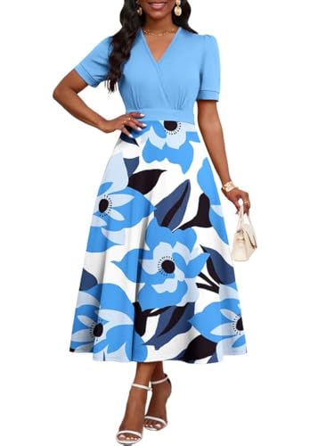 Image of MarryUP Women's Midi Dresses - V Neck Cocktail & Church Tea Dresses - Short Sleeve A-Line Swing Dress
