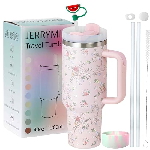 Image of 40 oz Tumbler With Handle and Straw Lid,Simpl Moder Double Wall Vacuum Sealed Stainless Steel Insulated Tumblers,Travel Mug for Hot and Cold Beverages,Thermos Travel(Sakura flower)