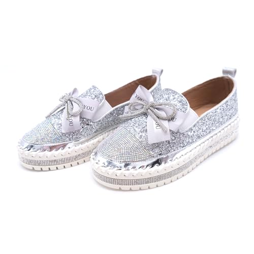 Image of Women's Fashion Rhinestone Slip On Sneakers Casual Comfort Platform Walking Shoes Cute Bowknot Glitter Bling Loafers