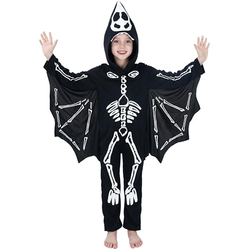 Sincere Party Fato de morcego escuro brilhante de morcego com capuz - macacão com asas conectadas para crianças L (7-9)