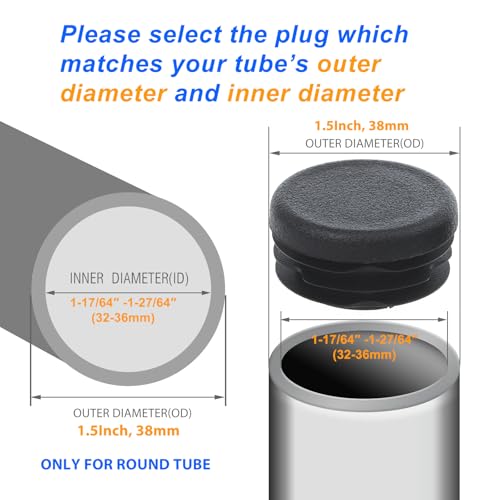 Image of 12-Pack 1-1 /2 Inch Round Plastic End Caps for Chair Legs | Fits 1-1 /2 in OD round tubing with 32-36mm ID; ribbed end inserts for chairs, benches, bar stools and metal frames