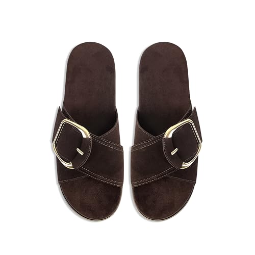 Image of Flat Sandals for Women Cross Buckle Straps Slides Slip-On Comfortable Summer Vacation Beach Sandals