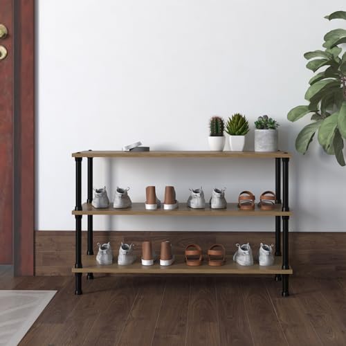 Image of TABLE MAGIC Jazz Shoe Rack Wooden Organizer | 3-Tier Multipurpose Shoes Stand for Home Wooden Shelves with & Steel Frame, Space-Saving Home Organizer, D30 x W60 x H46cm - Golden Teak
