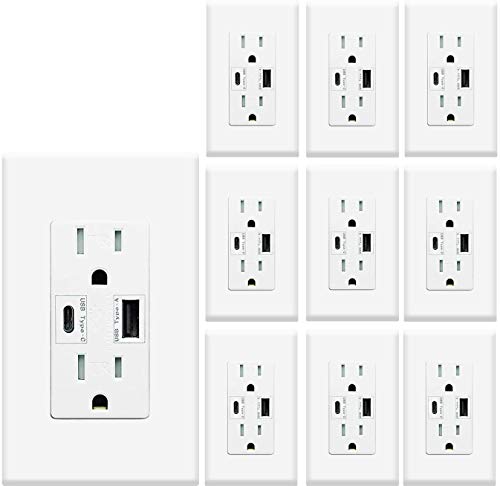 Micmi USB Outlet with C + A Wall Dual High Speed Receptacle Smart 4.8A Fast Charging Capability,15Amp 125Volt, Tamper Resistant Wall Plate Included (10Pack, White, 15 Amp Outlet)