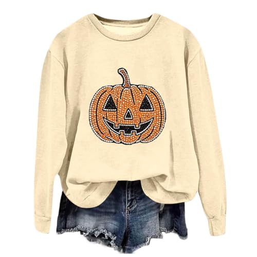 Halloween Sweatshirt for Women Novelty Rhinestone Pumpkin Graphic Sweatshirt Crew Neck Spooky Season Pullover Tops - image 5