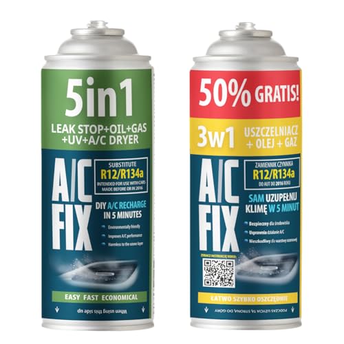 AC FIX 5 en 1 – R134a + 3 en 1 R134a XL 470 g Refrigerante para aire acondicionado de coche con aceite, sellador, tinte UV y desecante. Aplicación rápida. Protege el compresor.