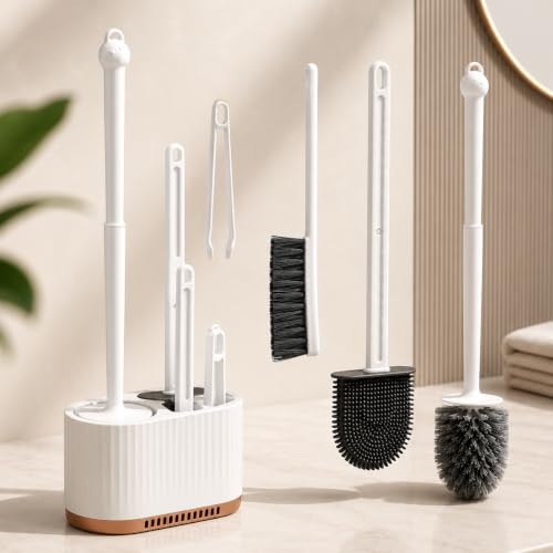Image of 4-in-1 Silicone Toilet Brush & Holder Set - Deep Cleaning Toilet Bowl Brush with Crevice Cleaner, Wall-Mount & Floor Use | Quick-Dry Holder, Hygienic Bathroom Cleaning Tool (White)