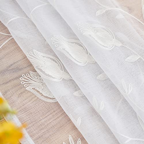 Image of Sheer Curtains White 95 Inches Embroidered Floral, Window Treatments Rod Pocket Drapes for Living room, Bedroom, Semi Crinkle Voile Curtain Panels for Yard, Patio, Villa, Parlor, Set of 2, 52 inchx 95 inch.